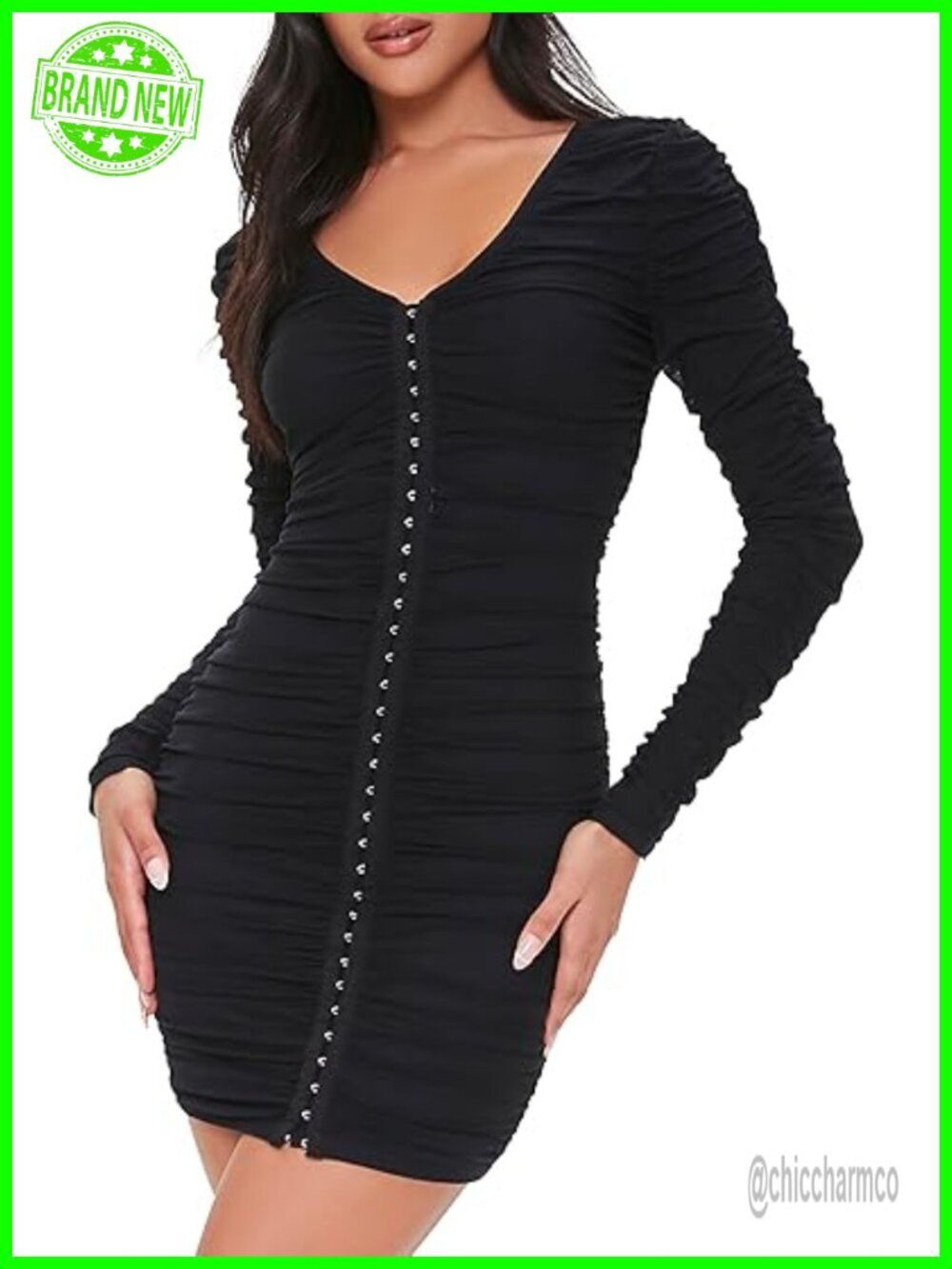 Hook-and-Eye Bodycon Dress with Ruched Construction, Long Sleeves, Party Night